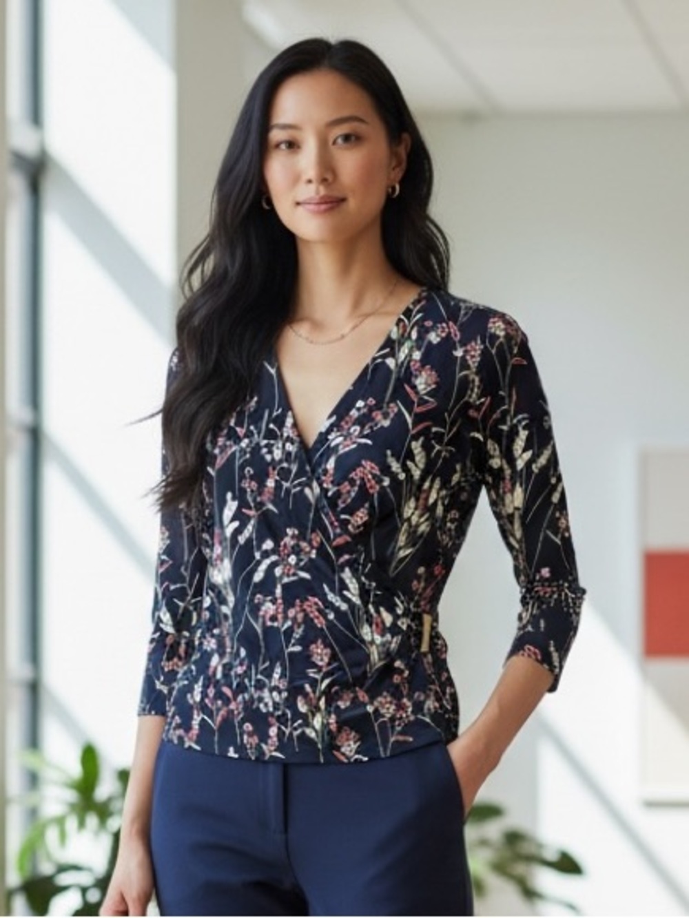 Charter Club Navy Floral Wrap Blouse